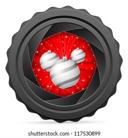 Camera shutter with Christmas background on white background. Vector illustration.