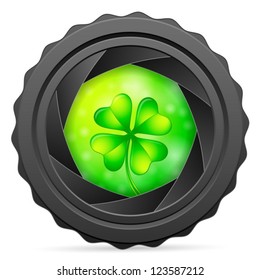 Camera shutter with clover on white background. Vector illustration.