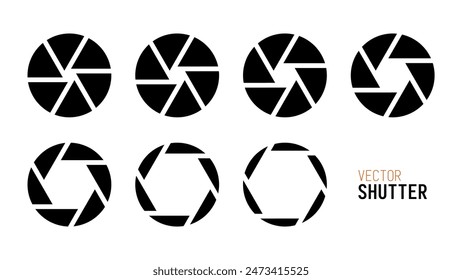 Camera Shutter Diaphragm Icons. Photo Optics Aperture and Lens Focus. Design Elements for Photography Studio, Film, Picture. Vector Illustration.