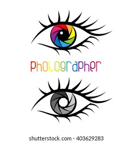 Camera shutter in eye design Concept. Logo template for photography studio, photographer, photo company, web site. Colorful or black and white diaphragm.