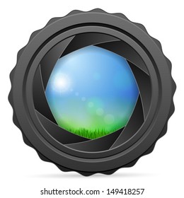 Camera shutter with grass landscape on white background. Vector illustration.