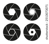 Camera shutter icon. Aperture symbol set. Black circular shapes. Vector photography elements.