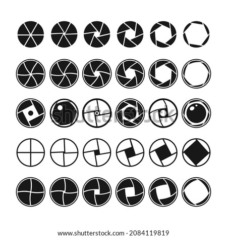 Camera shutter icon collection, lens diaphragm silhouette, photo optics lenses aperture. Vector symbol, aperture and lens for focus.