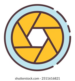 Symboldesign für Kameraverschluss. Hell gefärbtes Symbol, das eine Kameraoptik darstellt, ideal für Fotografie oder technische Designs.