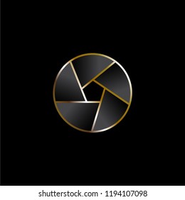 Camera shutter icon with golden frame. Black camera shutter on black background.