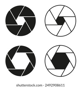 Camera shutter icon set. Aperture symbol designs. Black and white vector illustrations. Photography concept.
