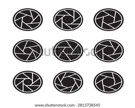Camera Shutter Icon Set Featuring Solid Black Circular Aperture Designs