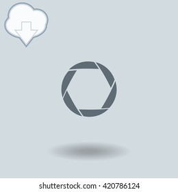 Camera shutter icon with shadow. Cloud of download with arrow.