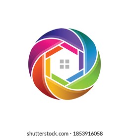 camera shutter icon, vector silhouette of a house and windows