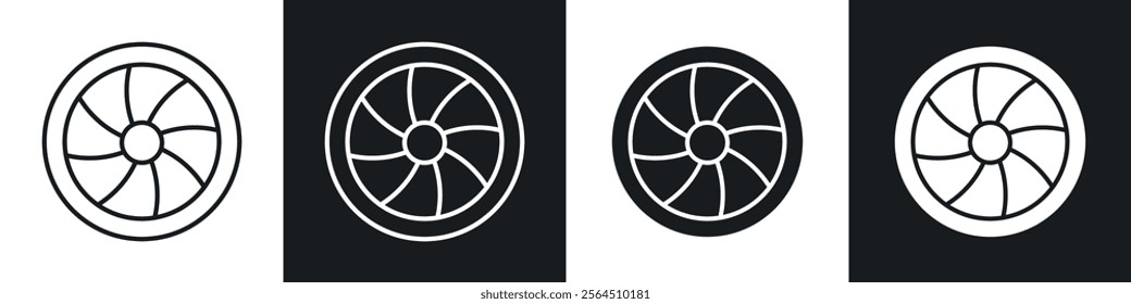 Camera shutter icons collection in black filled and line style.