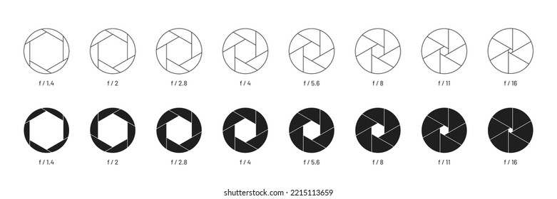 Camera shutter icons collection. Set of camera lens aperture pictograms. Camera shutter symbols. Vector