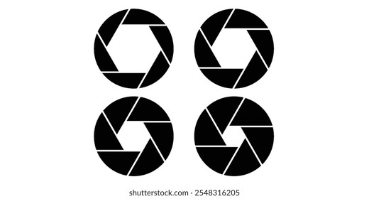Ícones do obturador da câmera. Quatro desenhos pretos. Símbolos de fotografia. Ilustração vetorial.