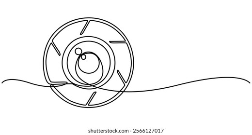 Camera shutter icons, Camera lens icon line continuous drawing vector. One line Camera lens icon vector background. Aperture of the cameray icon. Continuous outline of a Camera shutter icon. pro one. 