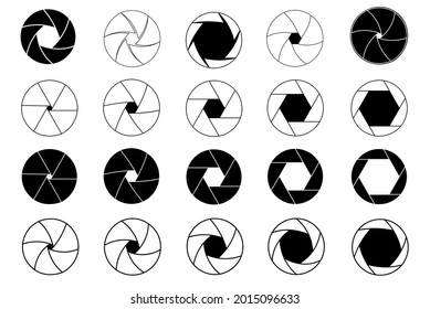 Camera shutter, icons set. The aperture of the video and camera lens is open and closed. Various shapes of elements. Collection of symbols. Vector illustration.
