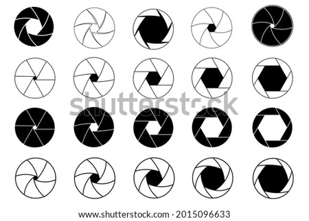 Camera shutter, icons set. The aperture of the video and camera lens is open and closed. Various shapes of elements. Collection of symbols. Vector illustration.
