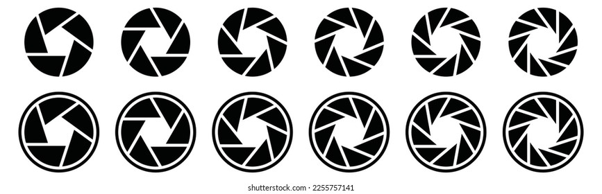 Iconos de obturador de cámara ajustados. Símbolo de icono de lente de cámara. Icono de diafragma de lente de cámara en estilo plano para aplicaciones y sitios web, ilustración vectorial