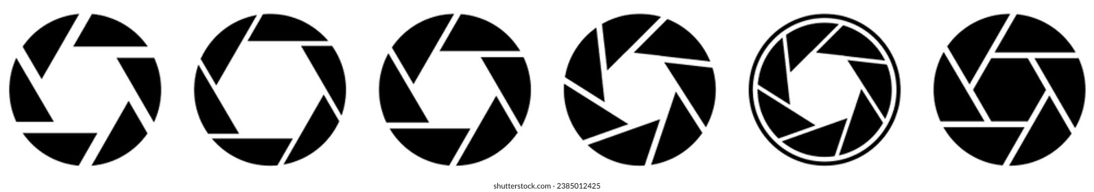 Camera shutter icons set. Lens aperture, photo shutter, photo lens, shutter lens, camera shutter and camera lens icons