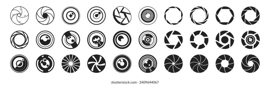 Camera shutter icons set. Camera lens diaphragm collection. Vector black camera