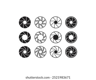 Definição de ícones do obturador da câmera. Diafragma da lente da câmera. Abertura da lente, foto obturador, obturador da câmera e coleção de ícones de lentes da câmera. Ilustração vetorial. Gráfico vetorial. EPS 10