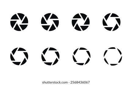 Camera shutter icons set. Camera lens diaphragm. Photo camera icon. Camera photography icons. Lens aperture, photo shutter, photo lens, shutter lens. Vector	
