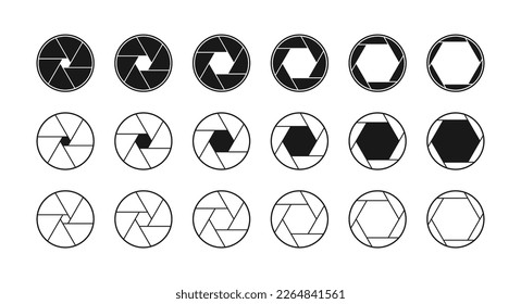 Camera shutter icons set. Various aperture icons. Camera lens diaphragm. Vector.
