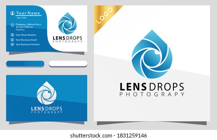 Camera shutter lens drop photograpy logo design vector illustration, business card