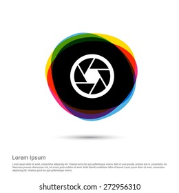 Camera shutter Lens Icon, White pictogram icon creative circle Multicolor background. Vector illustration. Flat icon design style