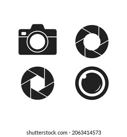 Kamerafahrt, Objektive und Fotokameras Ikonen Set. Fotografisches Logo, Vektorsymbol