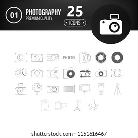 Camera shutter, lenses and photo camera icons set