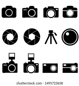 Camera shutter, lenses and photo camera icons set logo isolated on white background