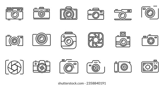 Camera shutter, lenses and photo camera icons set vector