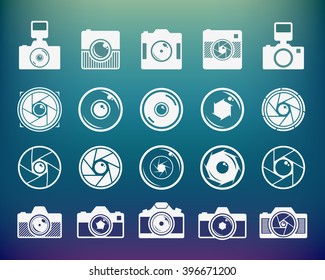 Camera shutter, lenses and photo camera icons set