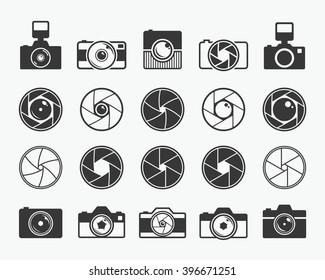 Camera shutter, lenses and photo camera icons set
