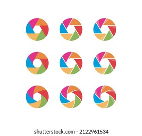 Camera shutter logo of lens, focus, flash, frame, photographer vector logo sign or symbol.