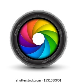 Camera shutter photography icon aperture. Focus vector colorful lens zoom digital design.