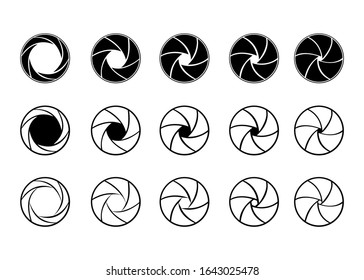 Camera Shutter. Set of camera lens aperture icons with different position of a diaphragm petals.