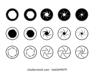 Camera Shutter. Set of camera lens aperture icons with different position of a diaphragm petals. Vector illustration