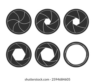 Camera shutter sign collection, set from closed to opened. Black on transparent background. Vector illustration in flat style. Emblem, symbol, icon.