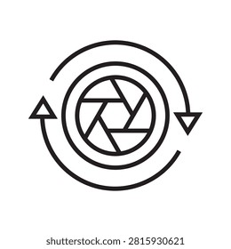 Camera shutter with sync arrows line icon. Continuous shooting mode, slow shutter or update symbol. Outline vector illustration.