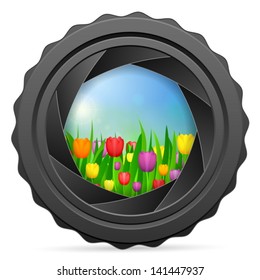 Camera shutter with tulips landscape on white background. Vector illustration.