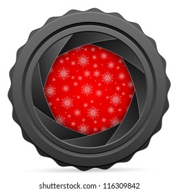 Camera shutter with winter background on white background. Vector illustration.