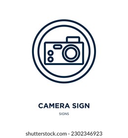 camera sign icon from signs collection. Thin linear camera sign, camera, media outline icon isolated on white background. Line vector camera sign sign, symbol for web and mobile