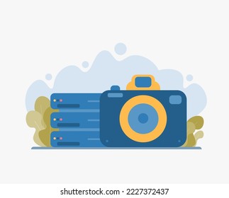 Camera sign. Uploading picture on online cloud server. Data sharing. Cloud server digital data tech concept. Perfect vector graphics