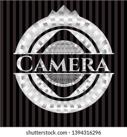 Camera silvery badge or emblem. Vector Illustration. Mosaic.