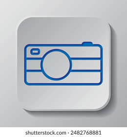 Camera simple icon vector. Flat design. Paper cut design. Cutted blue symbol with shadow. Gray badge button, gray background.ai