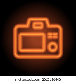 Camera simple icon vector. Flat design. Orange neon on black background.ai