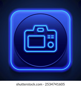 Camera simple icon vector. Flat design. Blue neon style on button. With shadow.ai