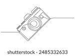 Camera single linear drawing. One line photography tool, minimal logo icon, fine line tattoo. Vector art illustration, Camera icon in continuous line drawing style. Line art of photo camera icon. 