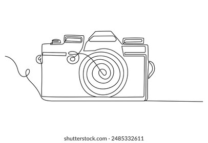 Camera single linear drawing. One line photography tool, minimal logo icon, fine line tattoo. Vector art illustration, Camera icon in continuous line drawing style. Line art of photo camera icon. 