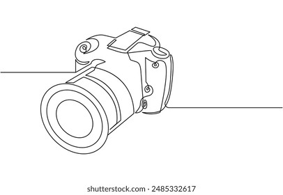 Einzelne lineare Zeichnung der Kamera. Einzeiliges Fotografie-Tool, minimales Logo-Symbol, feine Tätowierung. Vektorgrafik-Illustration, Kamerasymbol im durchgehenden Linien-Zeichnungsstil. Linienart des Fotokamera-Symbols. 